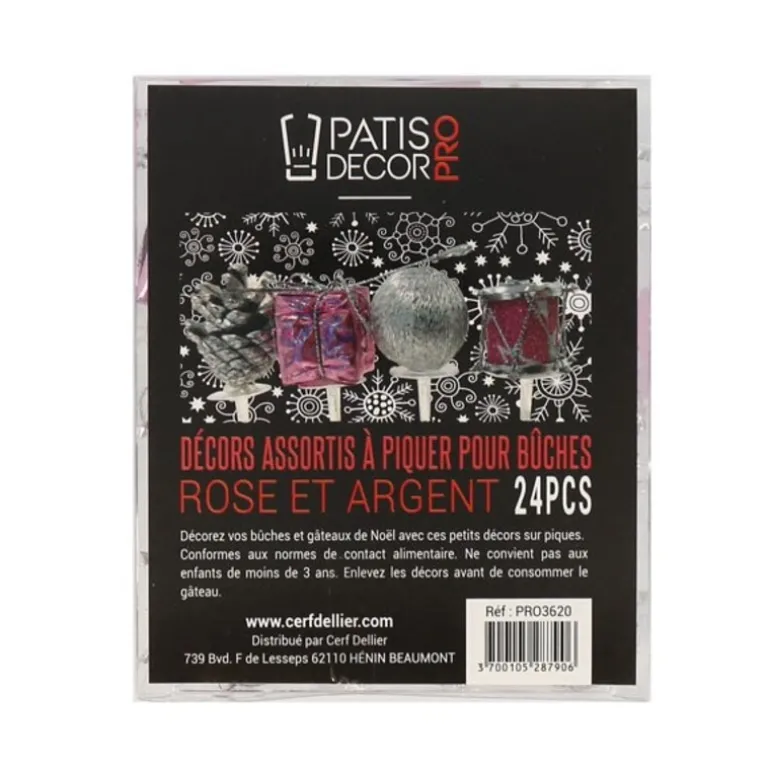 Décors Assortis Rose Argent A Piquer Sur Bûches (X24)
