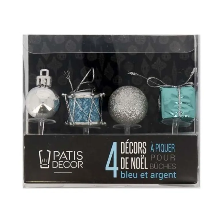 Décors De Noël Assortis Bleu Argent Sur Pique (X4)