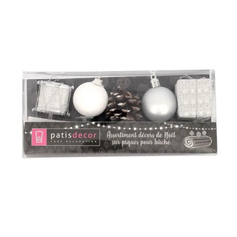 Décors De Noël Sur Pique Assortis Argent Patisdecor (X 5)
